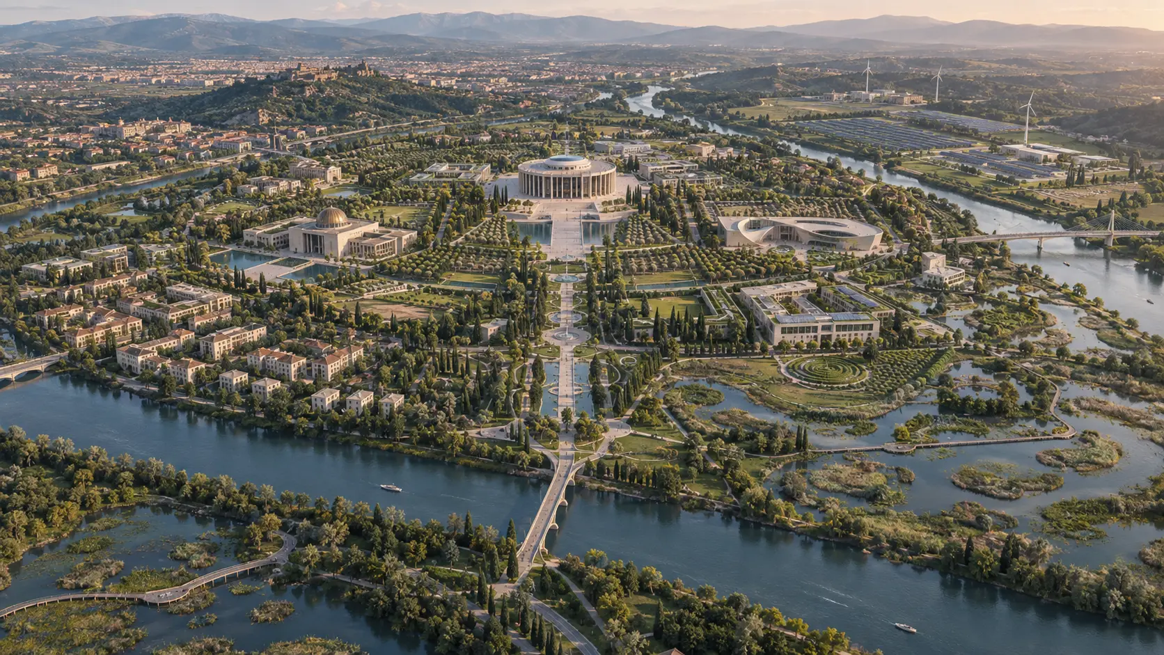 Aerial concept view of a proposed riverfront institutional campus