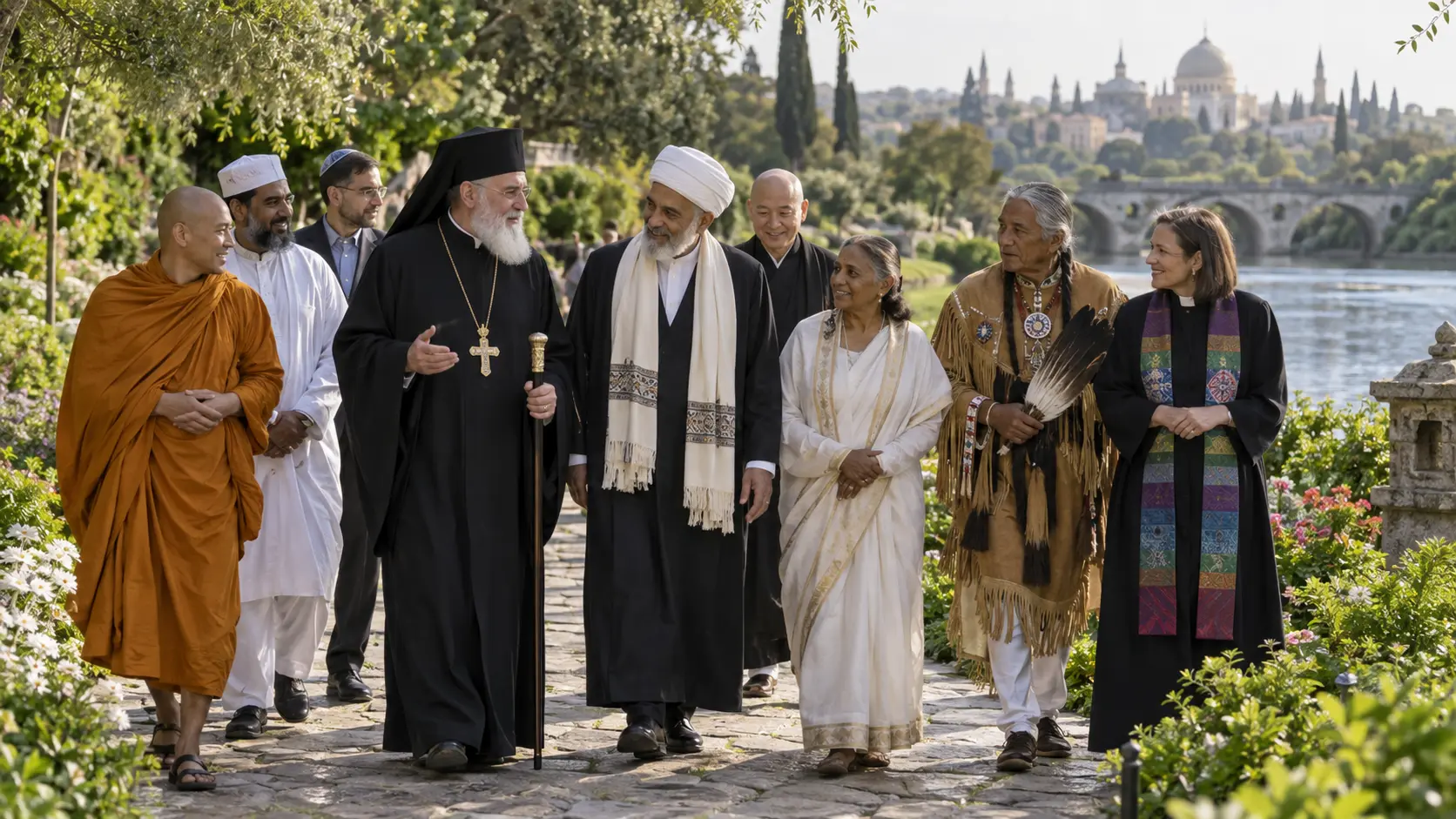 Representatives of several faith traditions walking together in conversation