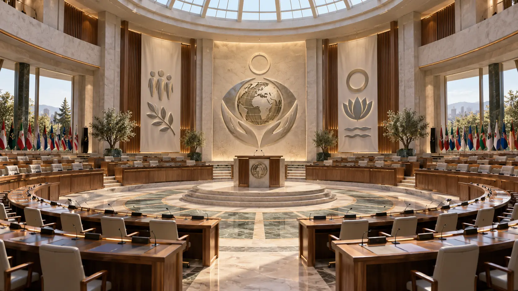 Concept visualization of a circular parliamentary chamber with delegate seating